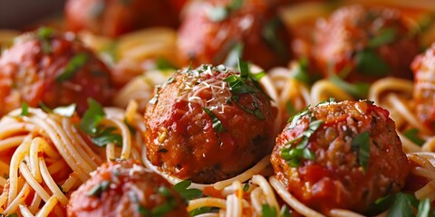 Wall Mural - Homemade meatballs spaghetti in tomato sauce on patterned background captured in closeup. Concept Food Photography, Homemade Recipes, Close-up Shots, Pasta Dishes, Tomato Sauce