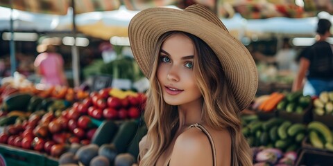Wall Mural - Stylish woman in sun hat showcasing fresh produce at local market. Concept Fashionable, Sun Hat, Fresh Produce, Local Market, Stylish Woman