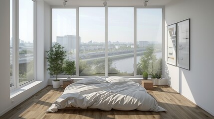Wall Mural - Minimalist bedroom with large windows, emphasizing simplicity and natural light,