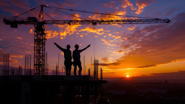 Silhouette of two construction workers standing on the top of a building with a tower crane and a sunset sky background