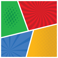 Poster - Funny superhero comics book empty pages with radial lines or stripes background, different pop page composition, comic divider background, vector illustration