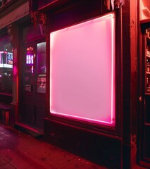 Poster - A neon pink sign with a white background is displayed on a building