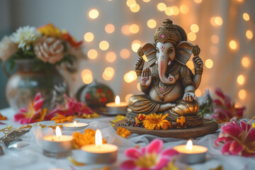 Wall Mural - Colorful lord ganesha sclupture with lights and bokeh background