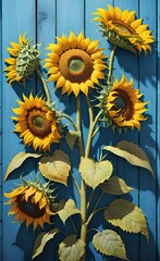 Wall Mural - Autumn background with sunflowers on blue wooden board.