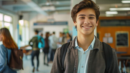 Wall Mural - Portrait of a young student with a backpack on his shoulders standing in a college hallway. Happy man looking at camera indoors. Education, school concept.