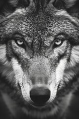 Wall Mural - A wolf's face is shown in black and white, with its eyes looking straight ahead