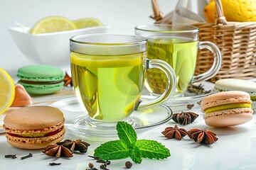 Poster - Elegant Tea Pairing: A sophisticated display featuring two glass cups of green tea complemented by star anise, mint leaves