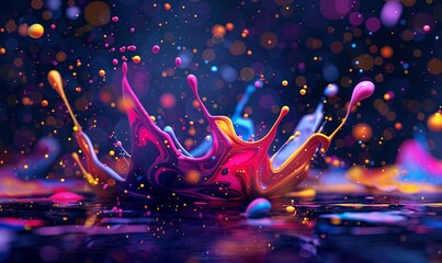 Wall Mural - Neon Glow Paint Splash on Dark Background Abstract festival concept digital illustration featuring a vibrant splash of neon