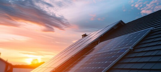 Wall Mural - Newly Installed Solar Panels on Modern Home Roof Professional Photo with Copy Space and Selective Focus Concept