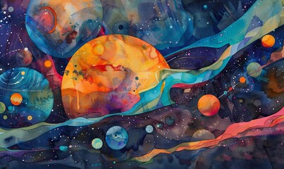 Wall Mural - Planetarium Fantasy: An enchanting watercolor artwork featuring an imaginary planetarium scene with colorful planets