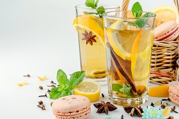 Poster - Refreshing Tea Break: Two glasses of green tea adorned with star anise, fresh mint, and lemon slices, accompanied