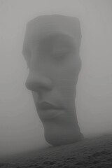 Sticker - A large headless statue is sitting on a hill in the fog