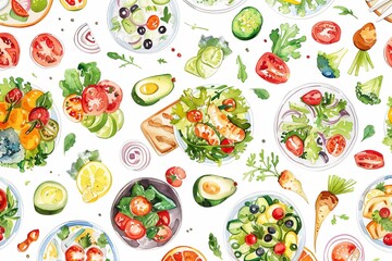 Wall Mural - Vegetarian Delights: A digital planner sticker set celebrating vegetarian cuisine, featuring watercolor illustrations of colorful salads