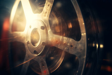 Sticker - Closeup view of vintage film projector reel with light effect on dark background for poster banner cover design