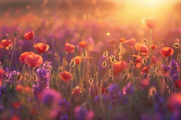 Aufkleber - A field of poppies bathed in the soft, golden light of sunrise. Generative AI