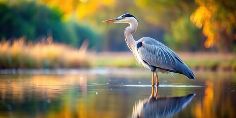 Sticker - Majestic and graceful heron standing in serene waters , bird, wildlife, nature, water, reflection, tranquil, animal