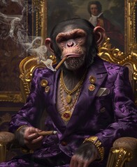 Poster - A monkey is sitting in a chair smoking a cigar