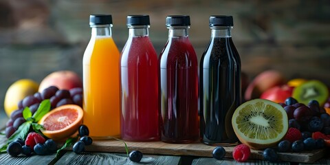 Wall Mural - Variety of fruit juices displayed in glass bottles on wooden table with fresh fruits. Concept Fruit Juices, Glass Bottles, Wooden Table, Fresh Fruits, Beverage Display