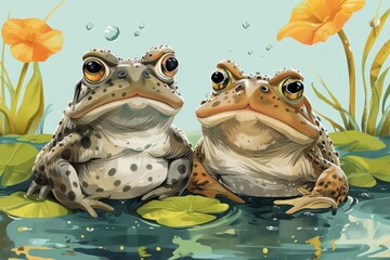 Two Toads Sitting on Lily Pads in a Pond