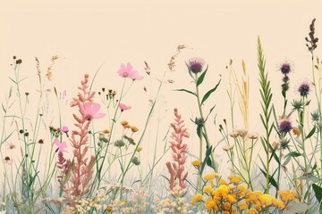 Poster - A close-up image of a meadow brimming with wildflowers and grasses, perfect for adding a touch of nature to your designs. Generative AI