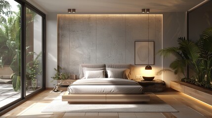 Wall Mural - minimalist bedroom with clean lines and natural light.