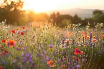 Aufkleber - A field of colorful flowers, including poppies and lavender, are illuminated by the soft glow of the early morning sun. Generative AI