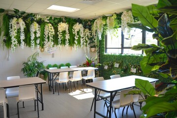 Poster - A room filled with numerous white tables and chairs, creating a serene atmosphere for learning, A tranquil classroom adorned with white plants and flowers