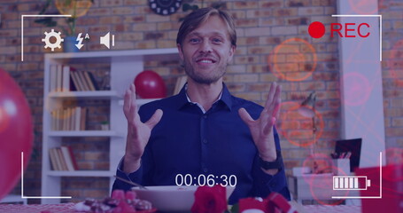 Poster - Image of icons and camera recording screen over caucasian man having online call