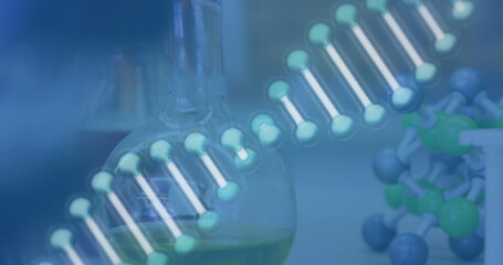 Poster - Image of dna strand spinning and 3d chemical structure in laboratory