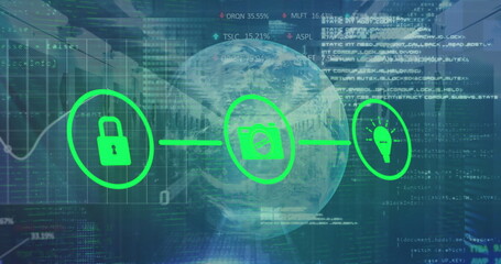 Poster - Image of network of connections with icons and data processing with globe over server room