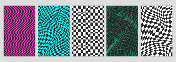 Wall Mural - Psychedelic checkerboard backgrounds set with geometry wireframe grid tile, twisted neon lines. Deformed checkered seamless geometric pattern in groovy style. Chessboard posters with distortion effect