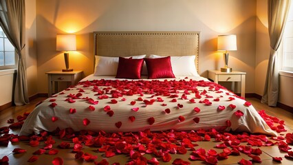 Romantic bedroom setting with a soft bed covered in red rose petals, romantic, bedroom, setting, soft, bed, red, rose