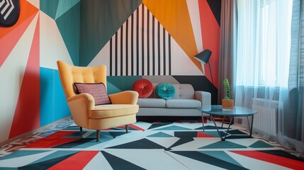 Wall Mural - A geometric-inspired guest room with bold patterns, clean lines, geometric decor accents, and a color-blocked wall for a contemporary look.
