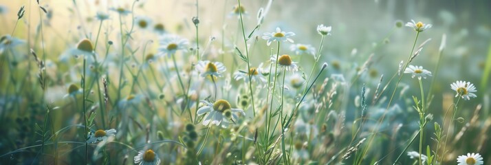 Aufkleber - A field of wildflowers bathed in the soft, warm light of dawn, capturing the beauty of nature in its most serene state. Generative AI