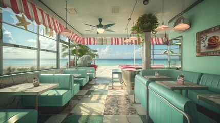 Wall Mural - A retro beachside diner guest room with vintage diner decor, beachfront views, retro beach vibes, and classic diner treats for a nostalgic and seaside dining experience.