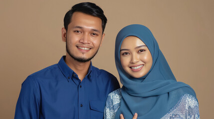 Wall Mural - beautiful muslim indonesian couple with thankful gesture, blue and earth colored clothing