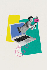 Poster - Composite collage picture image of netbook online funny journalist microphone interview fantasy billboard comics zine minimal