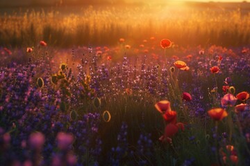 Aufkleber - A vibrant field of poppies and lavender bathed in the golden light of dawn. Generative AI