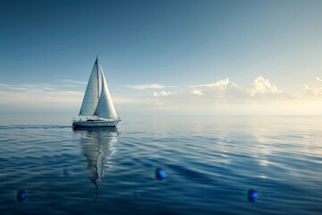 Wall Mural - A sailboat drifts alone in the vast expanse of the ocean, A tranquil scene of a lone sailboat drifting across the vast expanse of the ocean