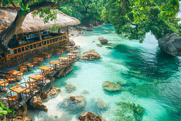 Wall Mural - Tropical restaurant overlooking crystal clear water on a sunny day