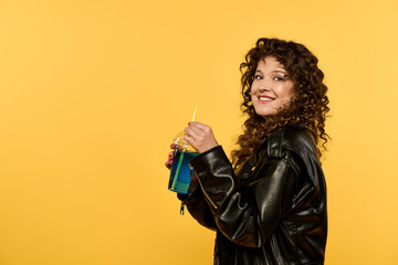 Wall Mural - Young woman with curly hair smiles holding a blue drink, styled in a black leather jacket against a bright yellow background.