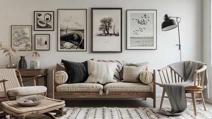 Wall Mural - A Scandinavian-inspired guest room with light wood furniture, soft textiles, and a gallery wall of black and white artwork.