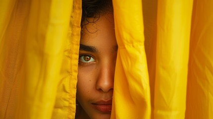 Wall Mural - An young girl looks out from behind an yellow curtain.