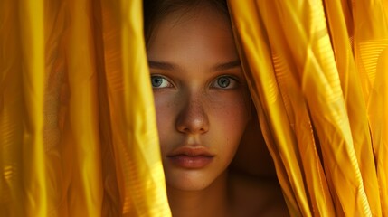 Wall Mural - An young girl looks out from behind an yellow curtain.