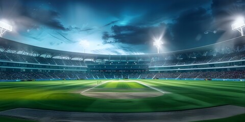 Wall Mural - Vibrant cricket stadium illuminated at night during an electrifying World Cup match. Concept Sports Photography, Night Time Lighting, World Cup Excitement, Cricket Stadium Views