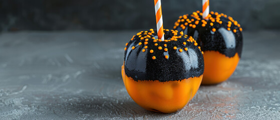 Two apples with orange and black stripes on them