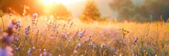 Aufkleber - A field of lavender flowers is bathed in the soft light of dawn, creating a romantic and serene scene. Generative AI