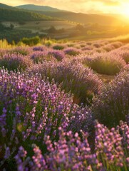 Aufkleber - A field of lavender flowers glows in the soft light of dawn. The early morning sun casts a golden hue over the picturesque landscape. Generative AI