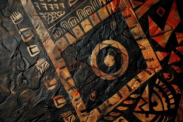 Poster - a close up of a tribal-inspired art piece with intricate detailing displayed on a wall, a tribal-ins