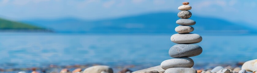 A serene stack of balanced stones by the tranquil shoreline, set against a vibrant blue horizon, symbolizing peace and stability in nature.